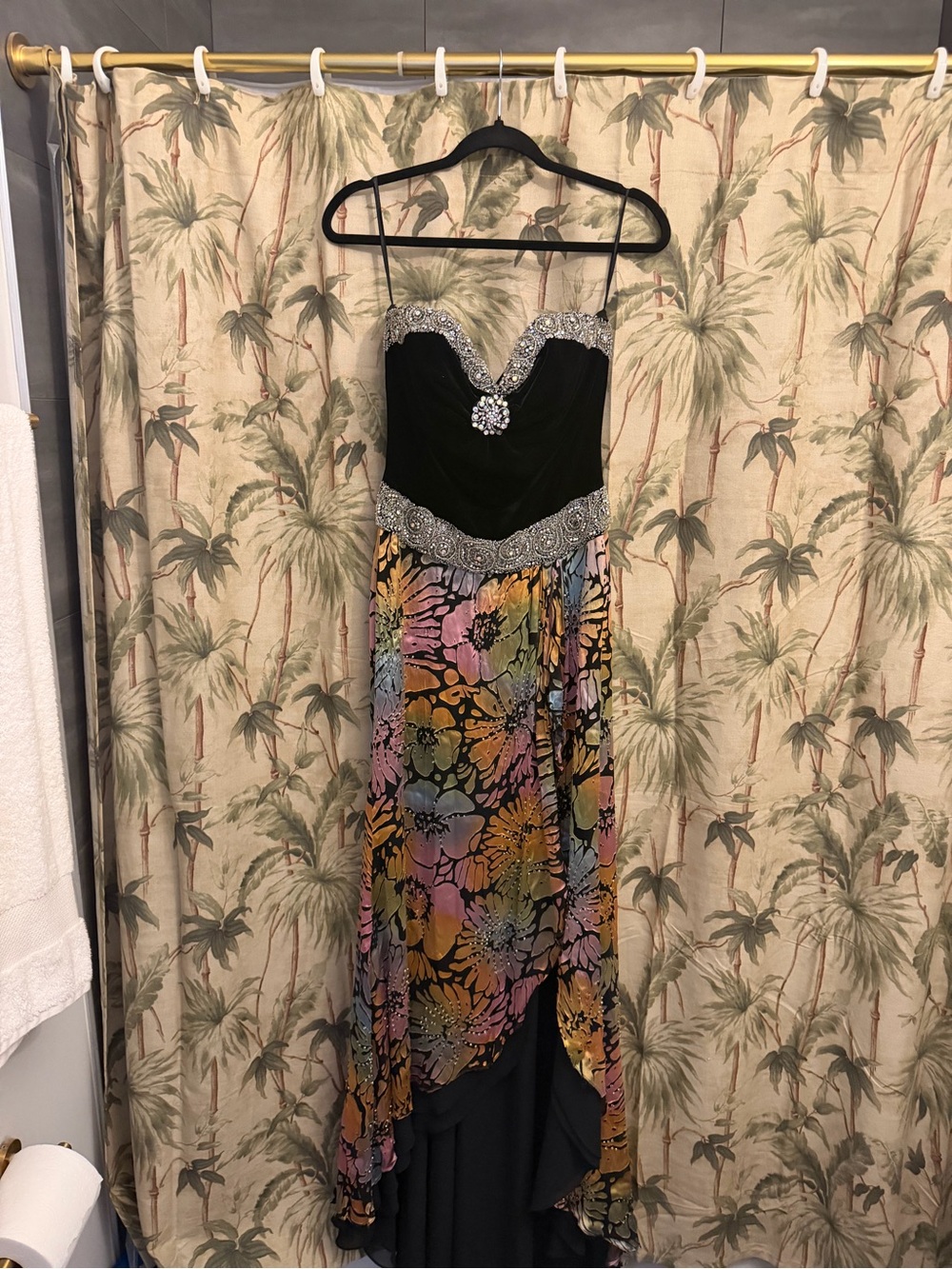 Strapless Black Evening Gown with Multicolor Floral Skirt
